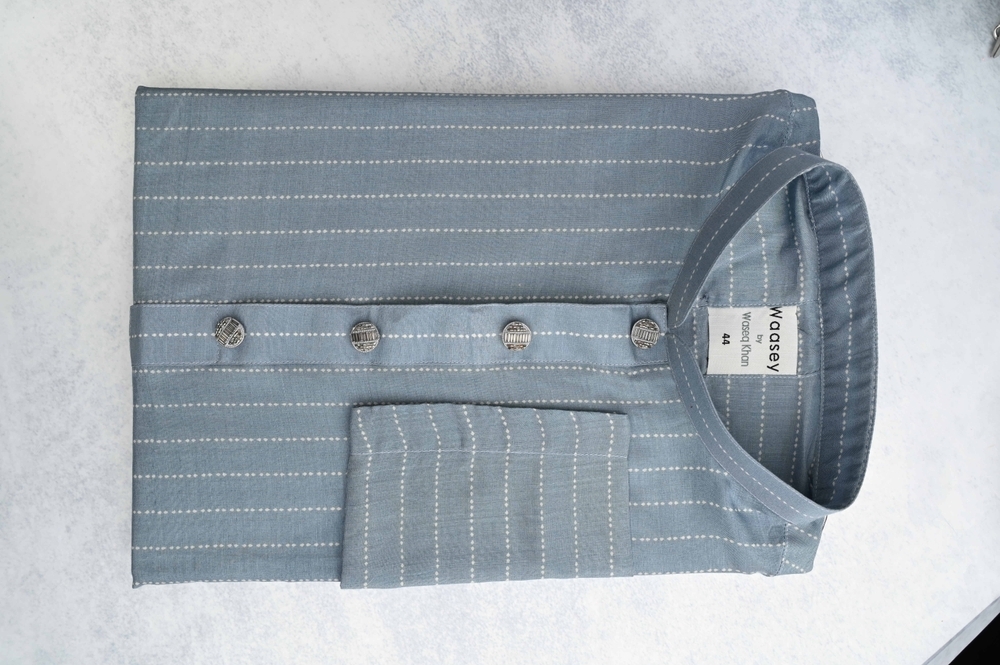 Cool Blue Striped Panjabi with Classic Button Detail